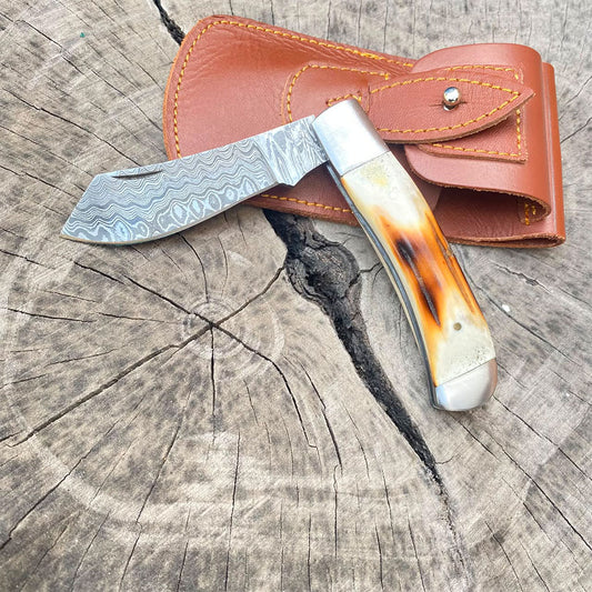 Handmade Damascus steel bull cutter folding knife with leather sheath