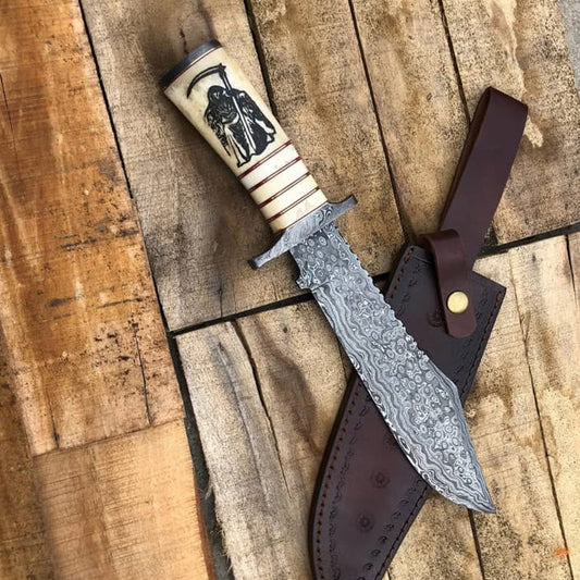 Premium Damascus Bowie Knife – Handcrafted Hunting Knife with Custom Handle & Leather Sheath
