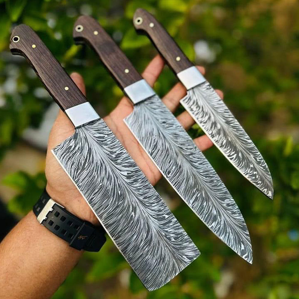 Handmade 3 piece beautiful feather Damascus steel knife set