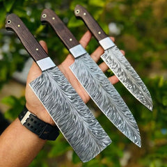Handmade 3 piece beautiful feather Damascus steel knife set