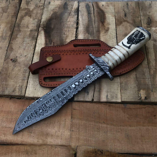 Premium Damascus Bowie Knife – Handcrafted Hunting Knife with Custom Handle & Leather Sheath