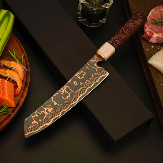 Premium Copper Damascus Chef Knife – Handcrafted Damascus Steel Kitchen Knife with Custom Wooden Handle