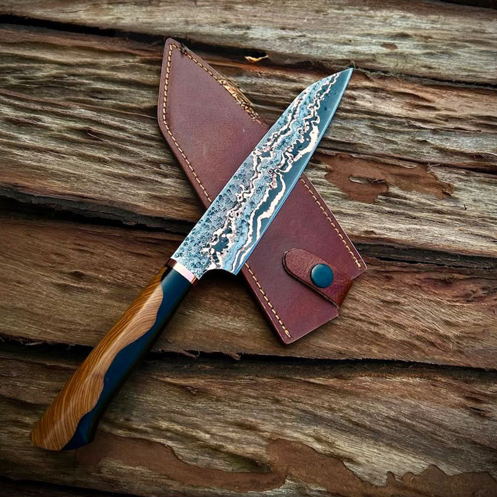 Premium Copper Damascus Chef Knife – Handcrafted Damascus Steel Kitchen Knife with Custom Wooden Handle
