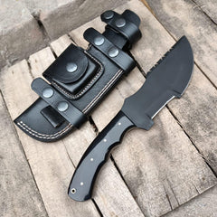 Handmade D2 steel black coated Tracker knife with black leather sheath