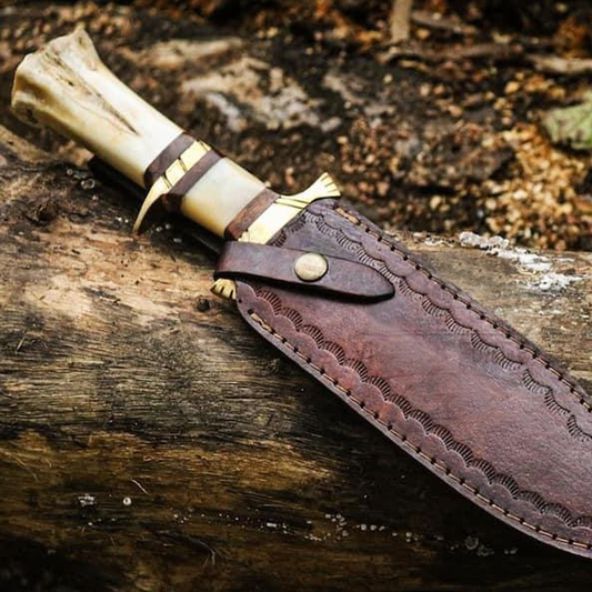 Premium Damascus Bowie Knife – Handcrafted Hunting Knife with Custom Handle & Leather Sheath