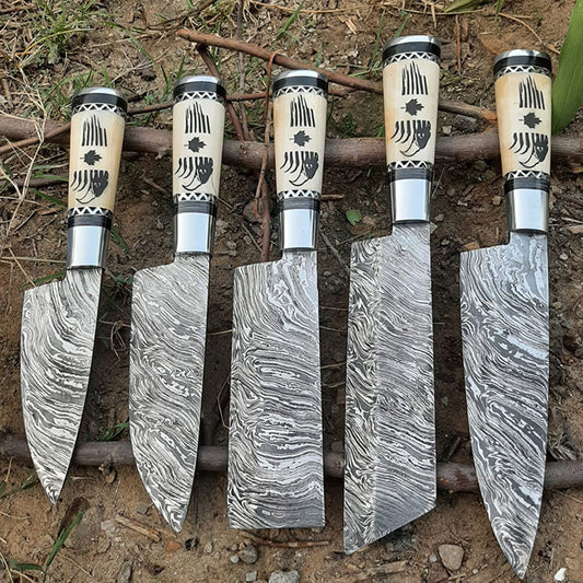Handmade Damascus steel bone handle Kitchen Knive Set