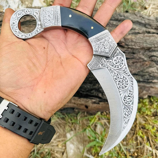 Hand engraved karambit knife D2 steel come with leather sheath