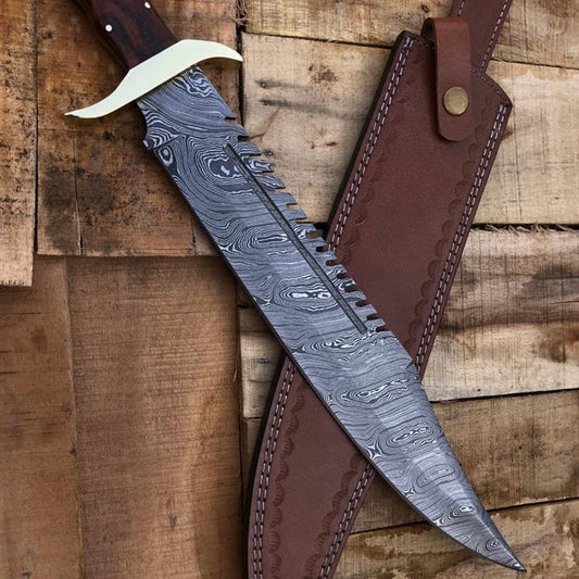 Premium Damascus Bowie Knife – Handcrafted Hunting Knife with Custom Handle & Leather Sheath