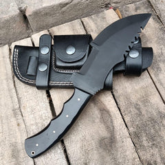 Handmade D2 steel black coated Tracker knife with black leather sheath