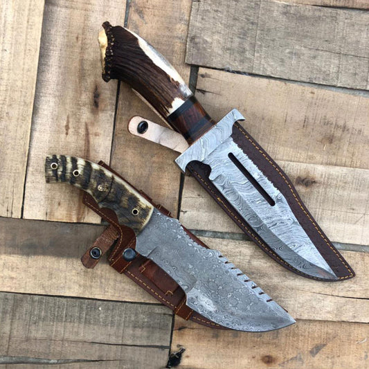 Premium Damascus Bowie Knife – Handcrafted Hunting Knife with Custom Handle & Leather Sheath