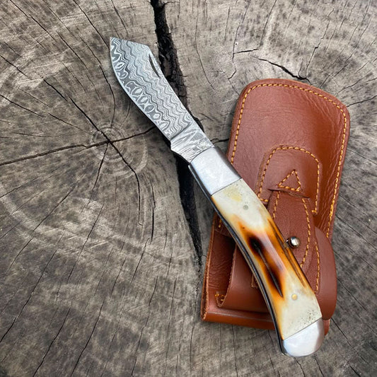 Handmade Damascus steel bull cutter folding knife with leather sheath