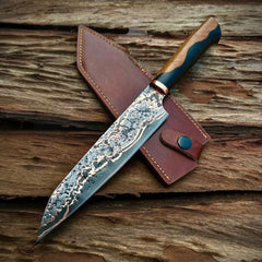Premium Copper Damascus Chef Knife – Handcrafted Damascus Steel Kitchen Knife with Custom Wooden Handle