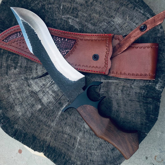 Kukri style Premium Damascus Bowie Knife – Handcrafted Hunting Knife with Custom Handle & Leather Sheath