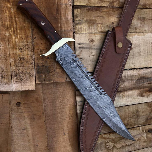 Premium Damascus Bowie Knife – Handcrafted Hunting Knife with Custom Handle & Leather Sheath